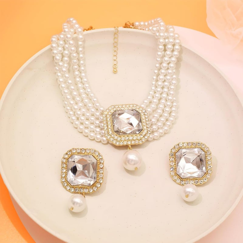 CIOOU Pearl Choker Necklace for Women Gold Crystal Rhinestone Pearl Collar Statement Necklaces Earrings Bridal Pearls Diamond jewelry Set for Wedding - Image 5